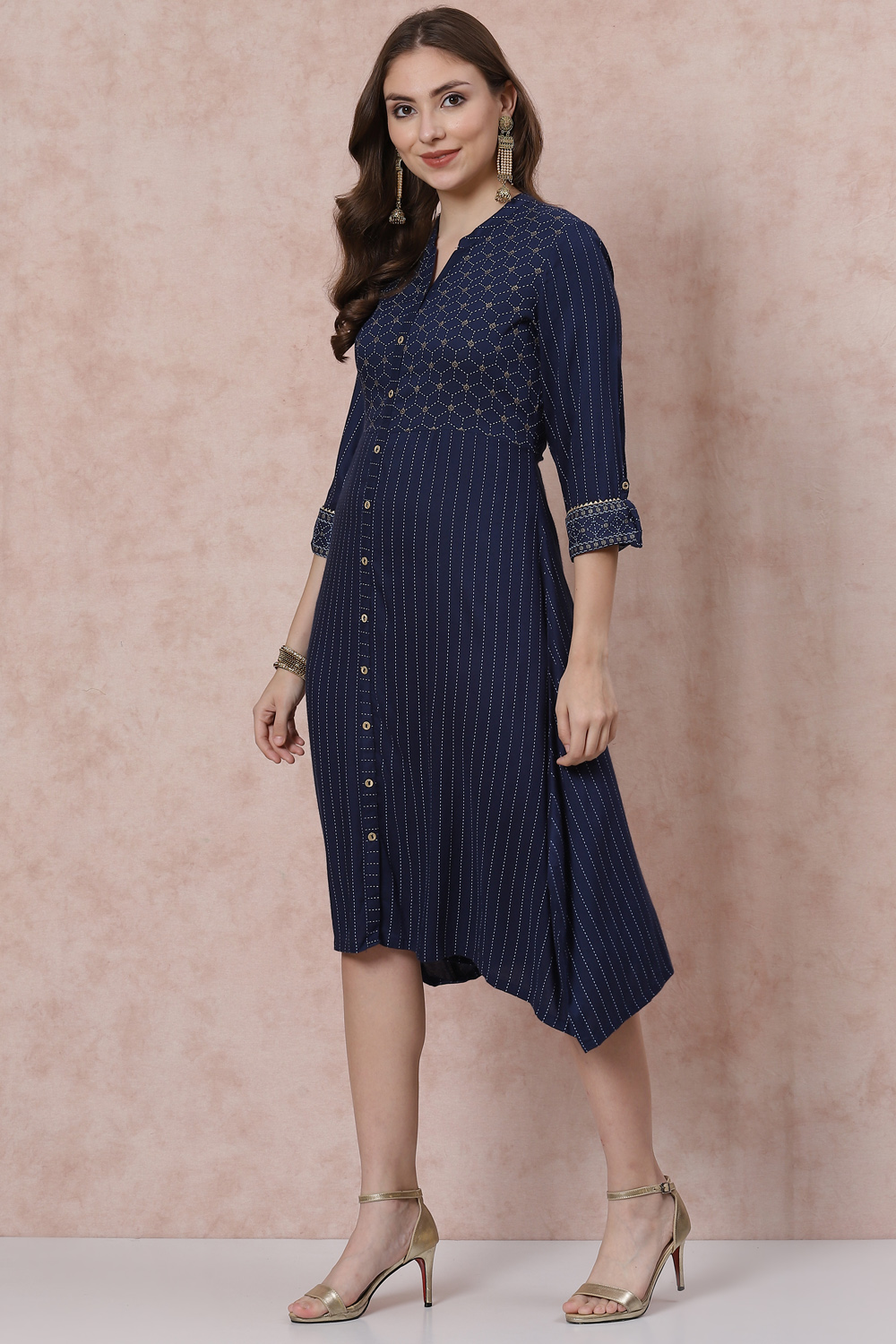 Navy Blue Viscose And Rayon Asymmetric Dress image number 2